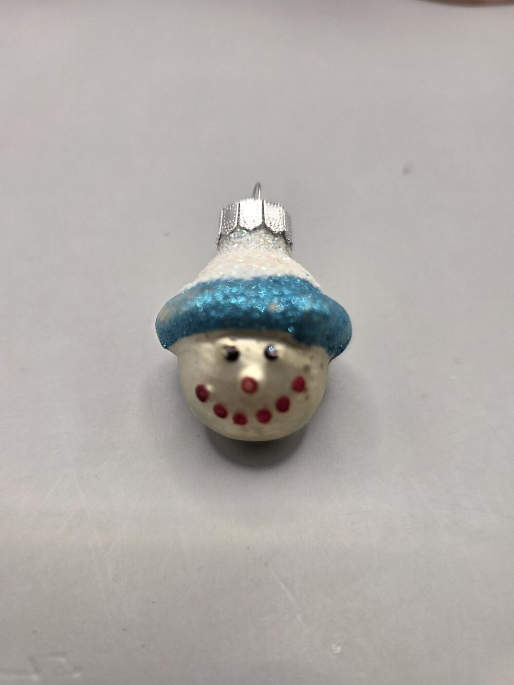 Vintage Rauch Glass Snowman Head Christmas Ornament Mini Blue Glitter Hat